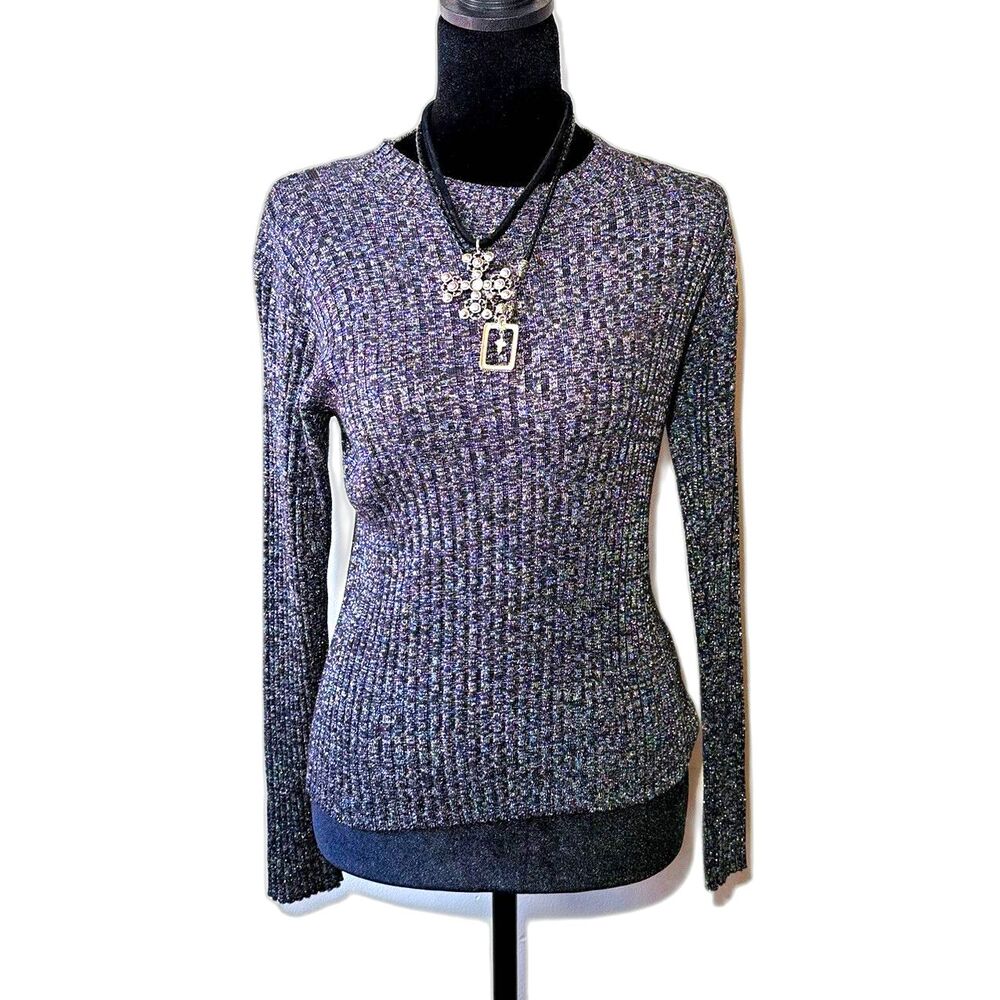Hunt Club Women's Rib-Knit Metallic Heathered Crew Neck Sweater Gray/Black M